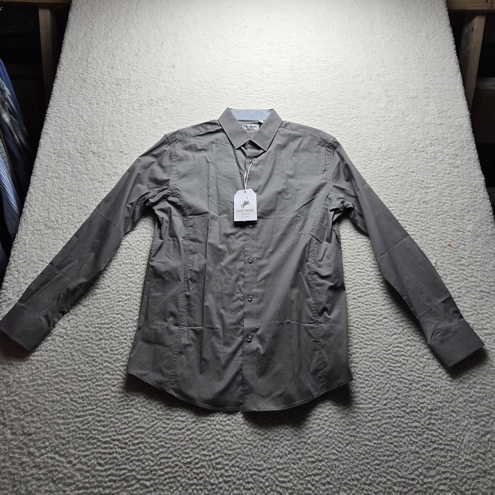 Alex Vando Dress Shirt Mens M Gray Solid Regular Fit Cotton Stretch Woven LS